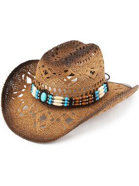 Men's Khaki-m20 Straw Adjustable Wide Brim Sun Beach Western Cowgirl Cowboy Hat